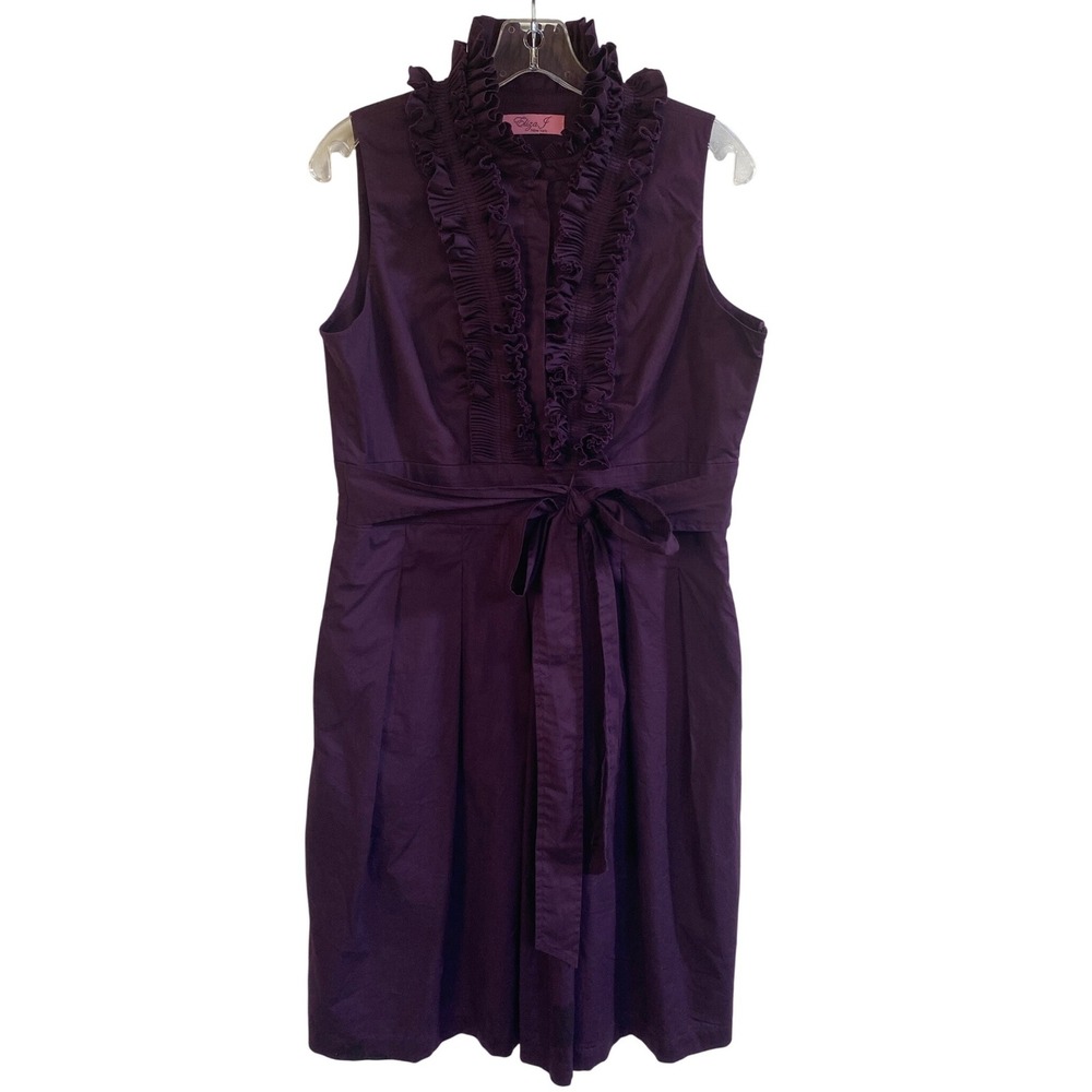Eliza J. Sleeveless Cocktail Poplin Midi Dress‎ w/Ruffle Front Tie Waist Plum M